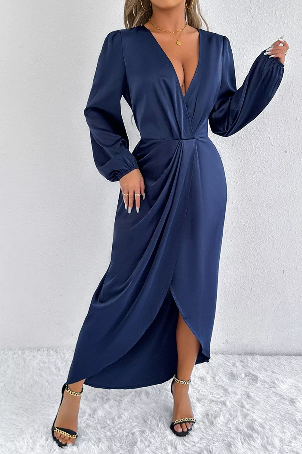 Satin Balloon Sleeve Midi Dress with Side Split