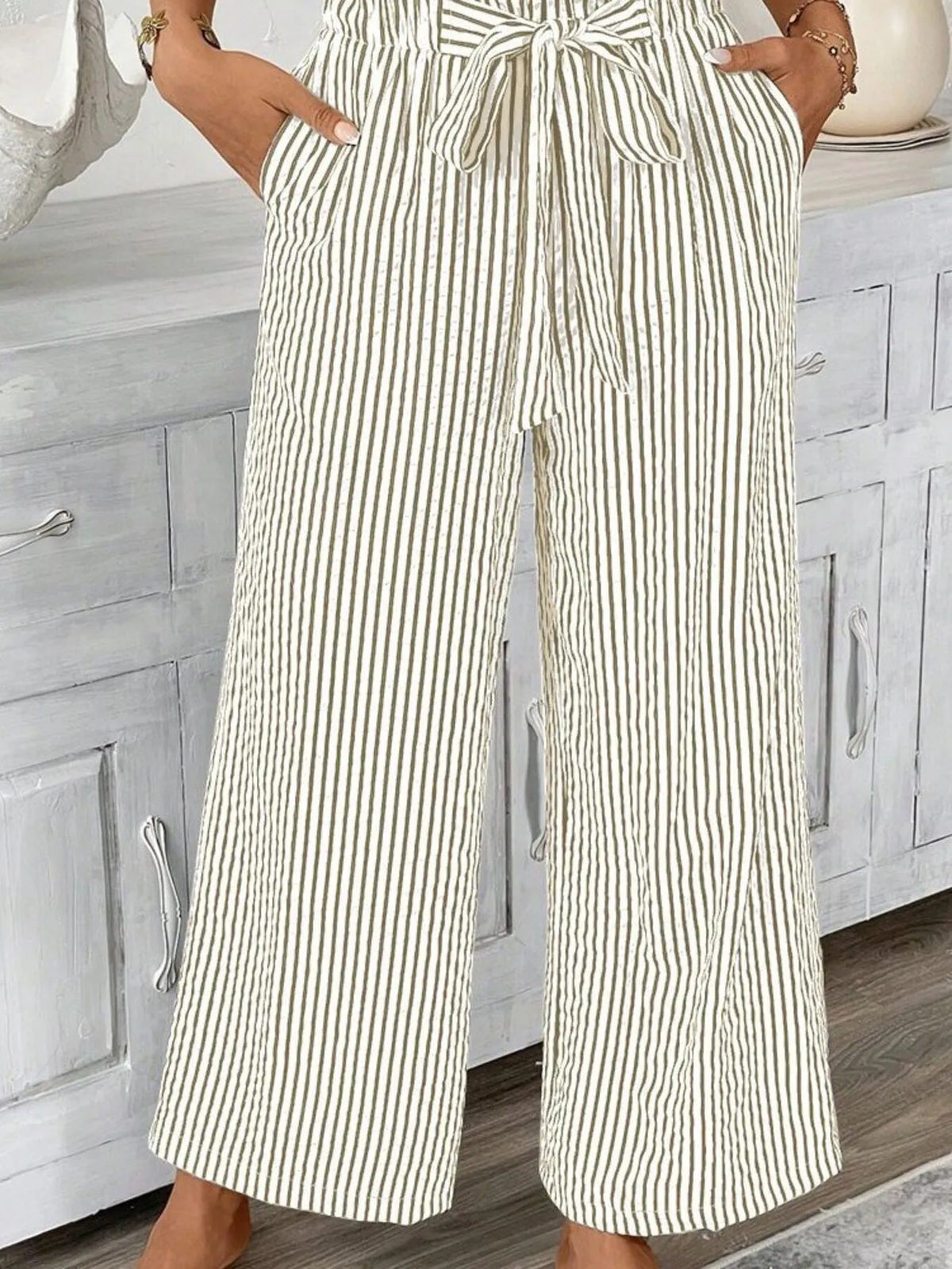 Striped Wide Leg Paper Bag Pants