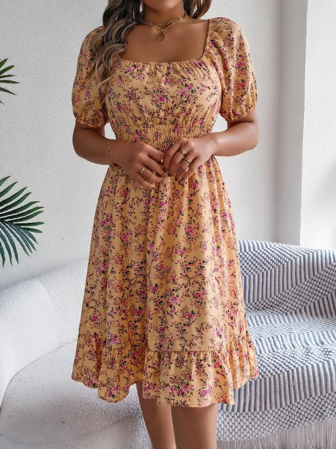 Ruffled Hem Floral Puff Sleeve Dress
