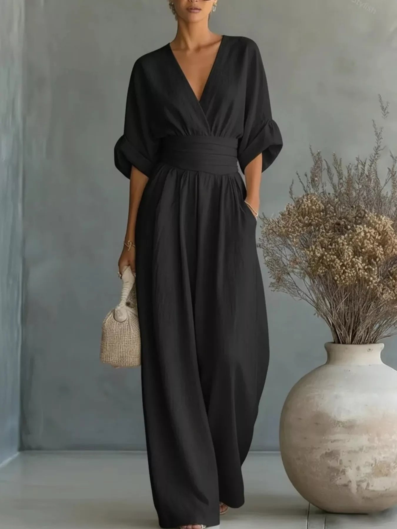 Half Sleeve Wide Leg Jumpsuit