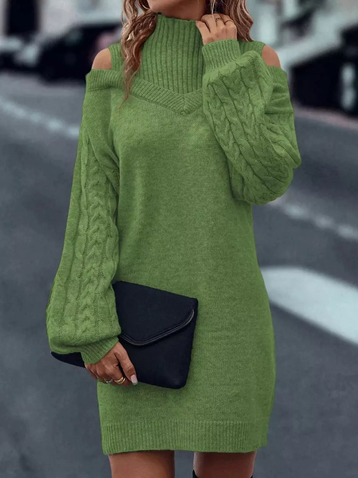Cable-Knit Cold-Shoulder Mock-Neck Sweater Dress