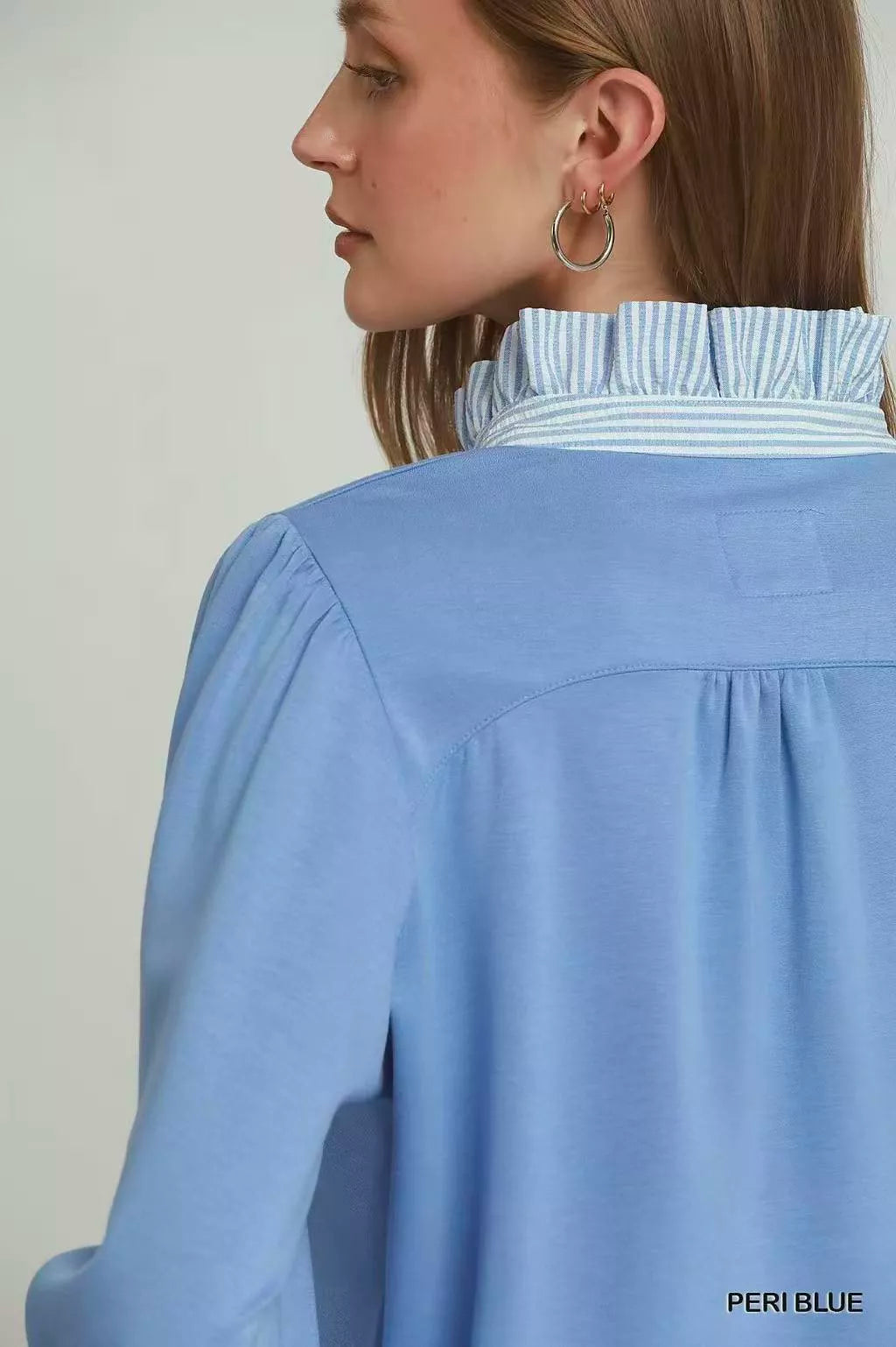 Umgee Striped Ruffle Neck Top in Peri Blue