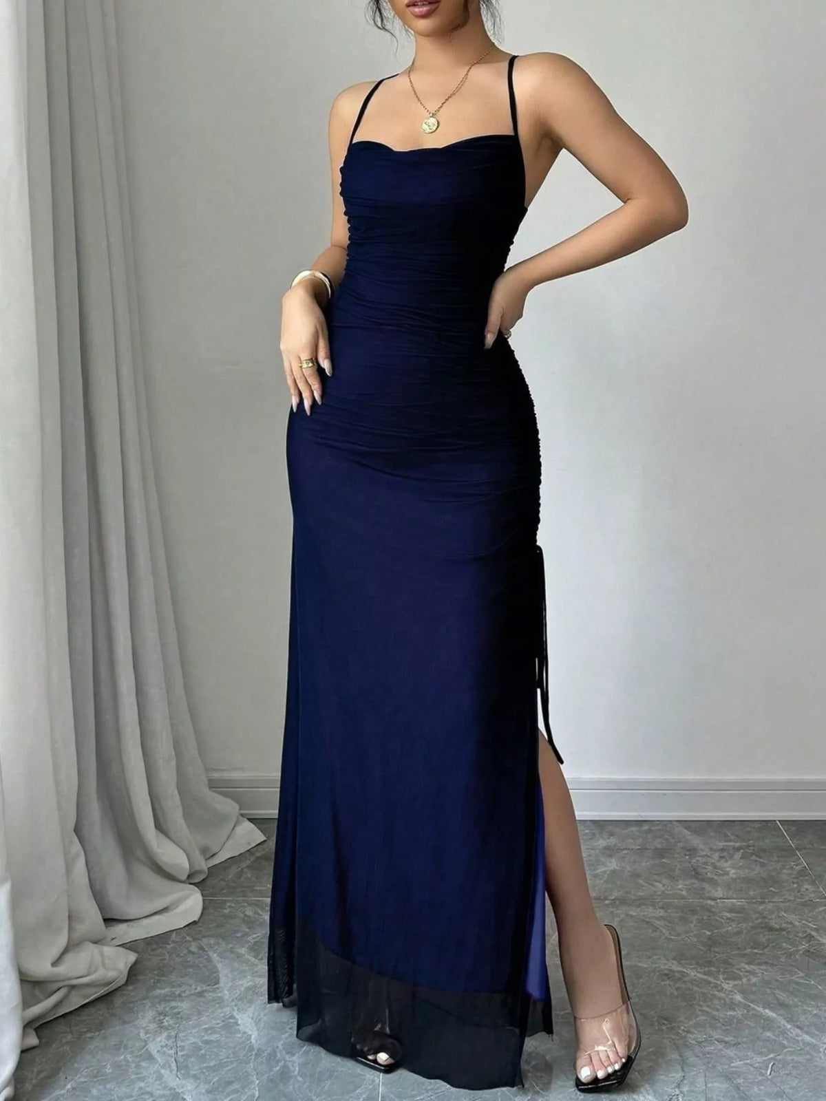 Ruched Slit Maxi Dress in Blue