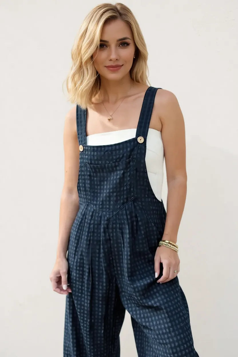 Plaid Wide Leg Overalls in Peacock Blue in Peacock  Blue