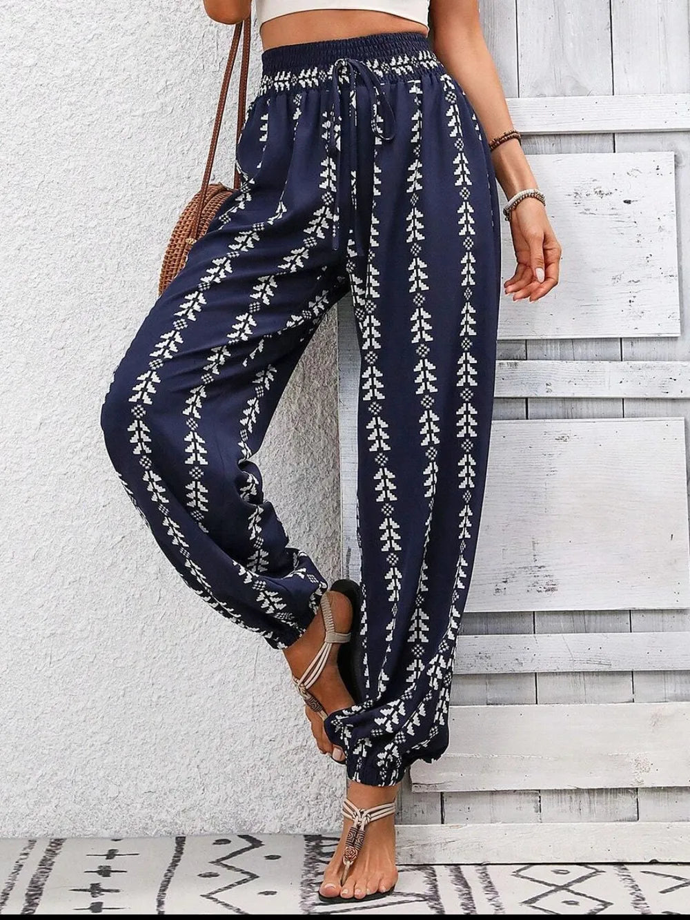 Tied Printed High-Waist Pants