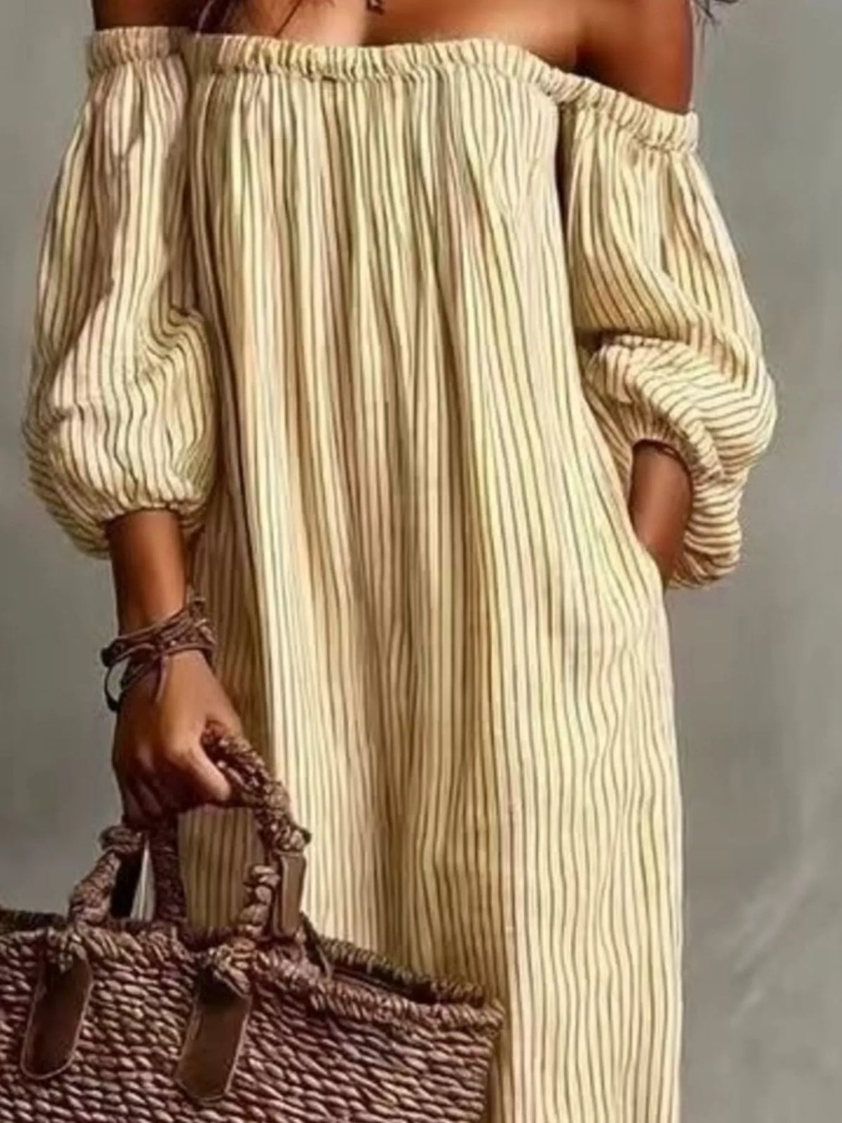 Off-Shoulder Striped Maxi Dress with Puff Sleeves