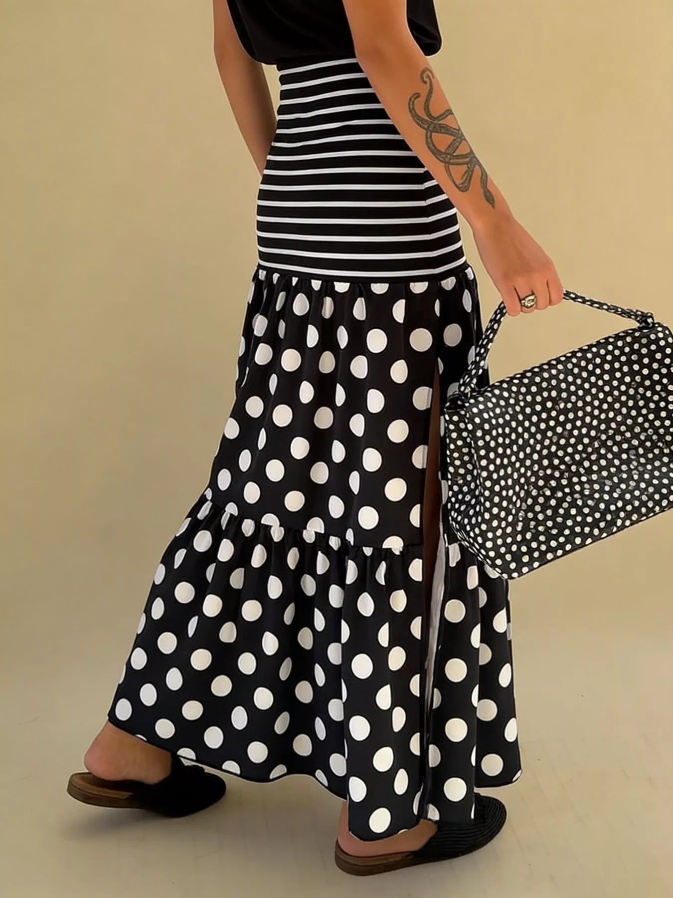 Polka Dot Slit Maxi Skirt in Black