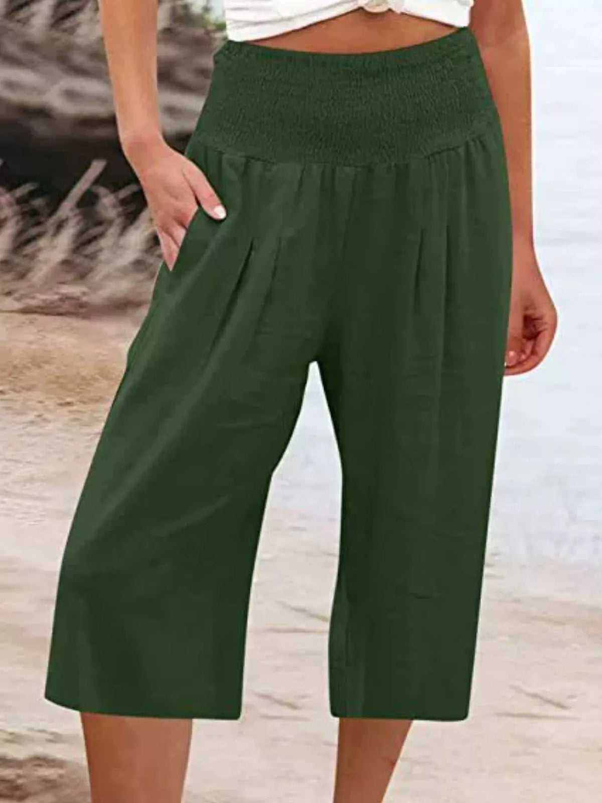 Smocked Wide-Leg Capri Pants