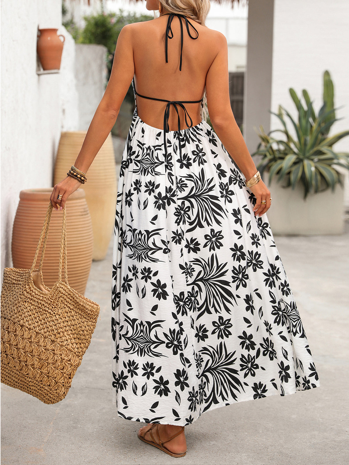 Printed Halter Neck Maxi Dress in White