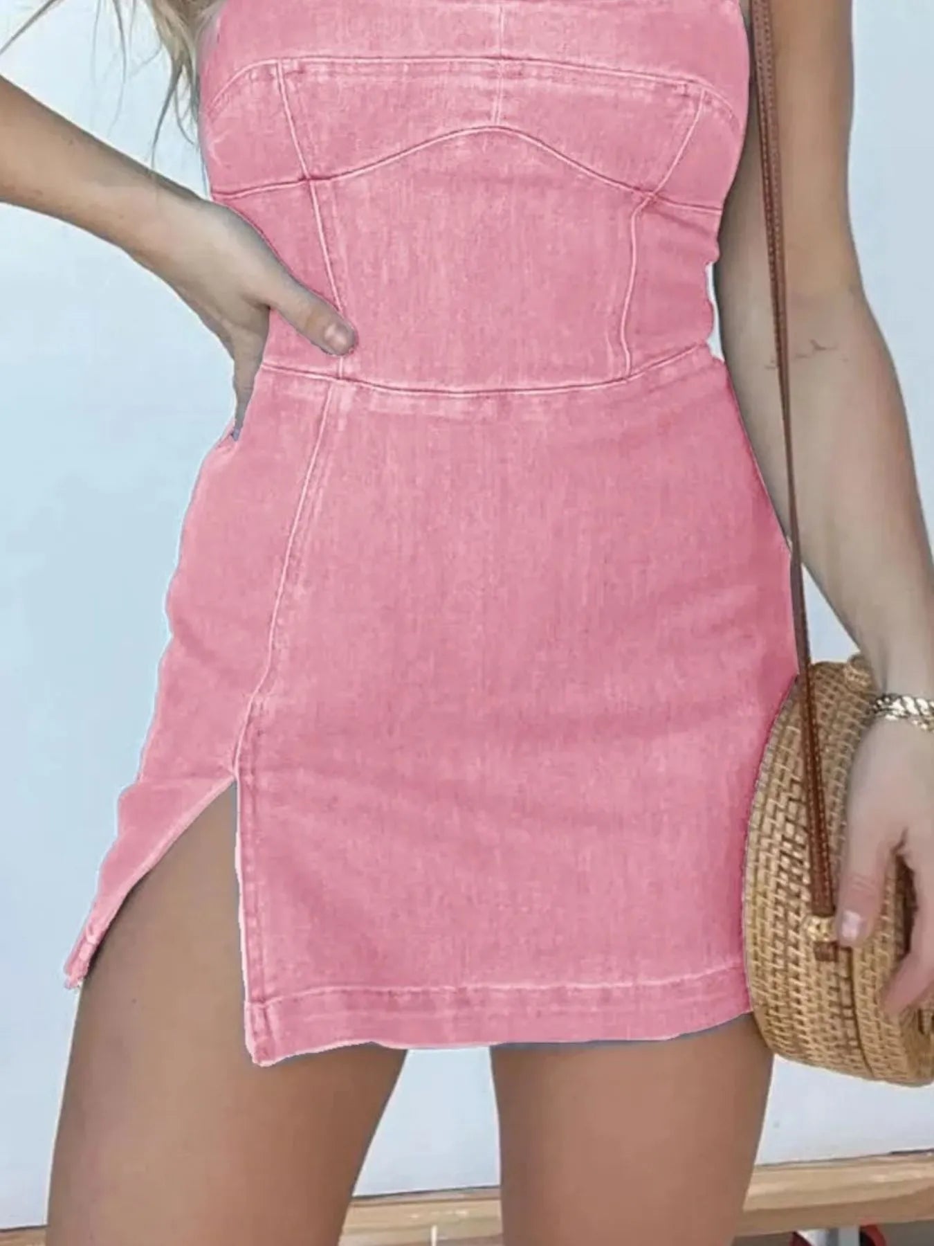 Square Neck Slit Denim Dress
