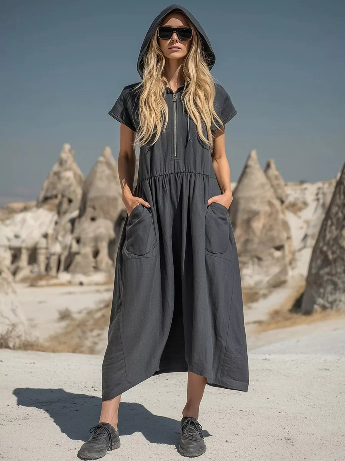Hooded Midi Dress with Pockets