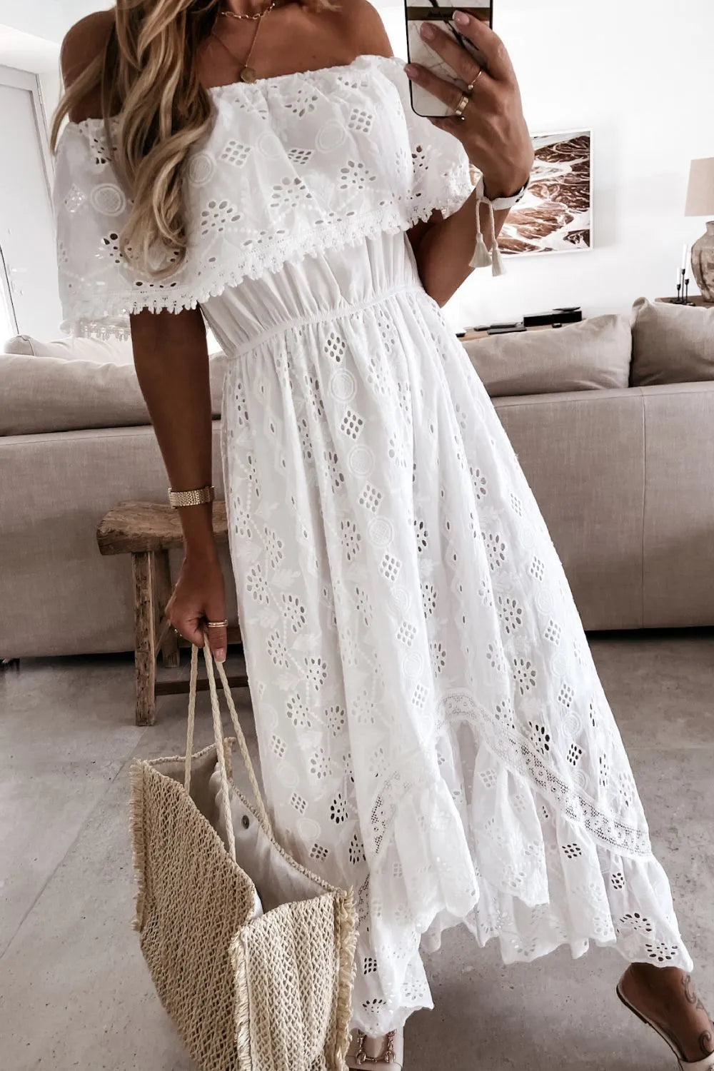 Off-Shoulder Eyelet Lace Maxi Dress in White