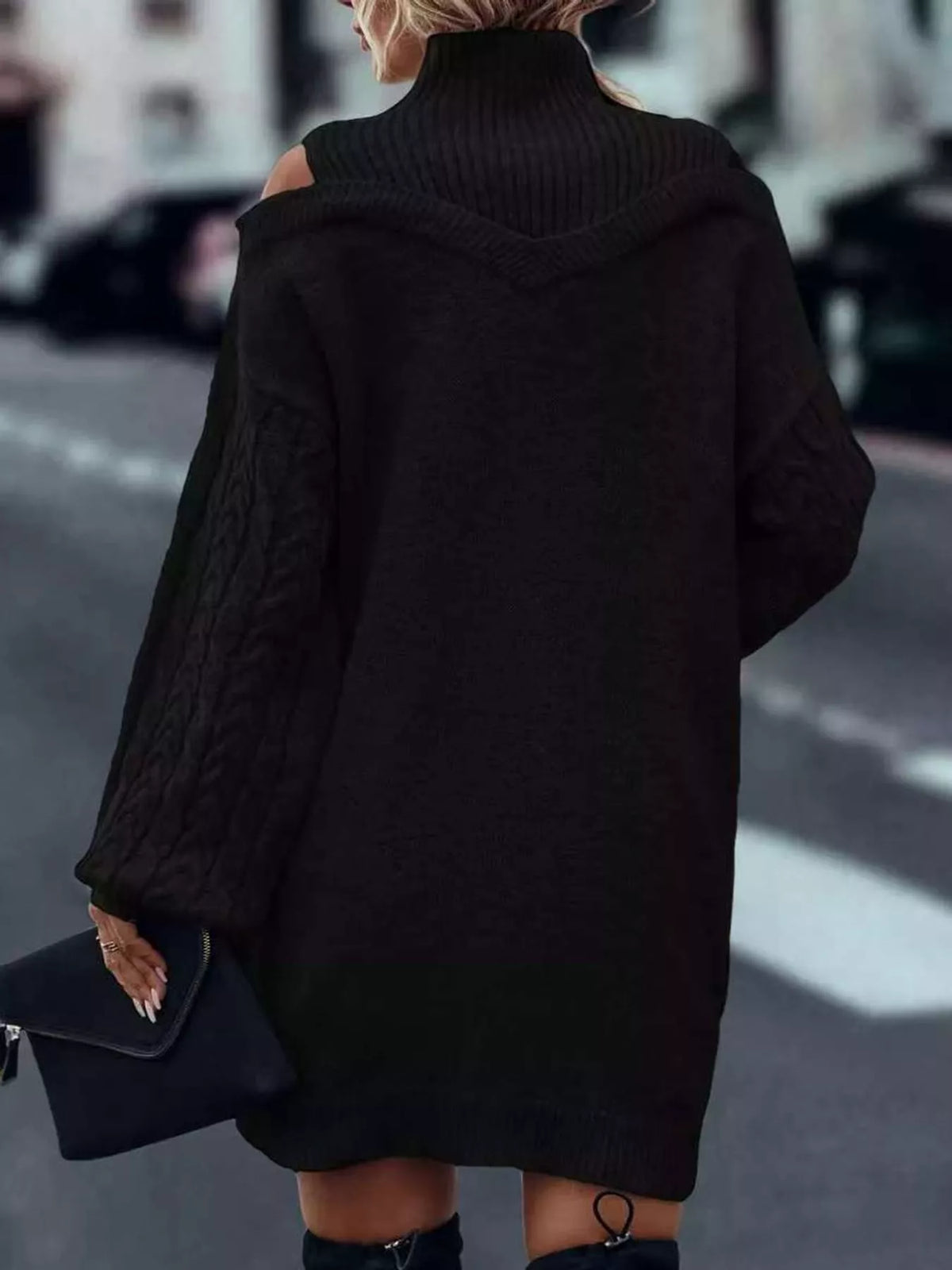 Cable-Knit Cold-Shoulder Mock-Neck Sweater Dress