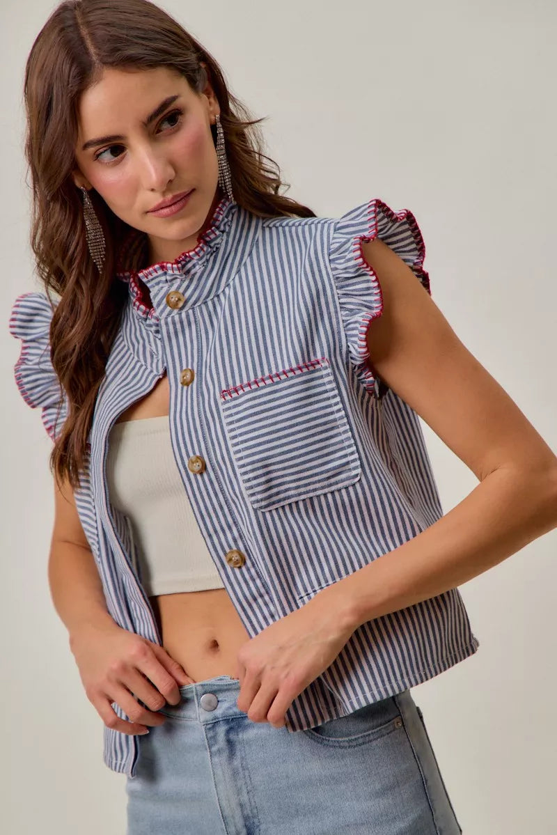So Me Striped Ruffled Vest Top in Blue and Red in Blue/Red