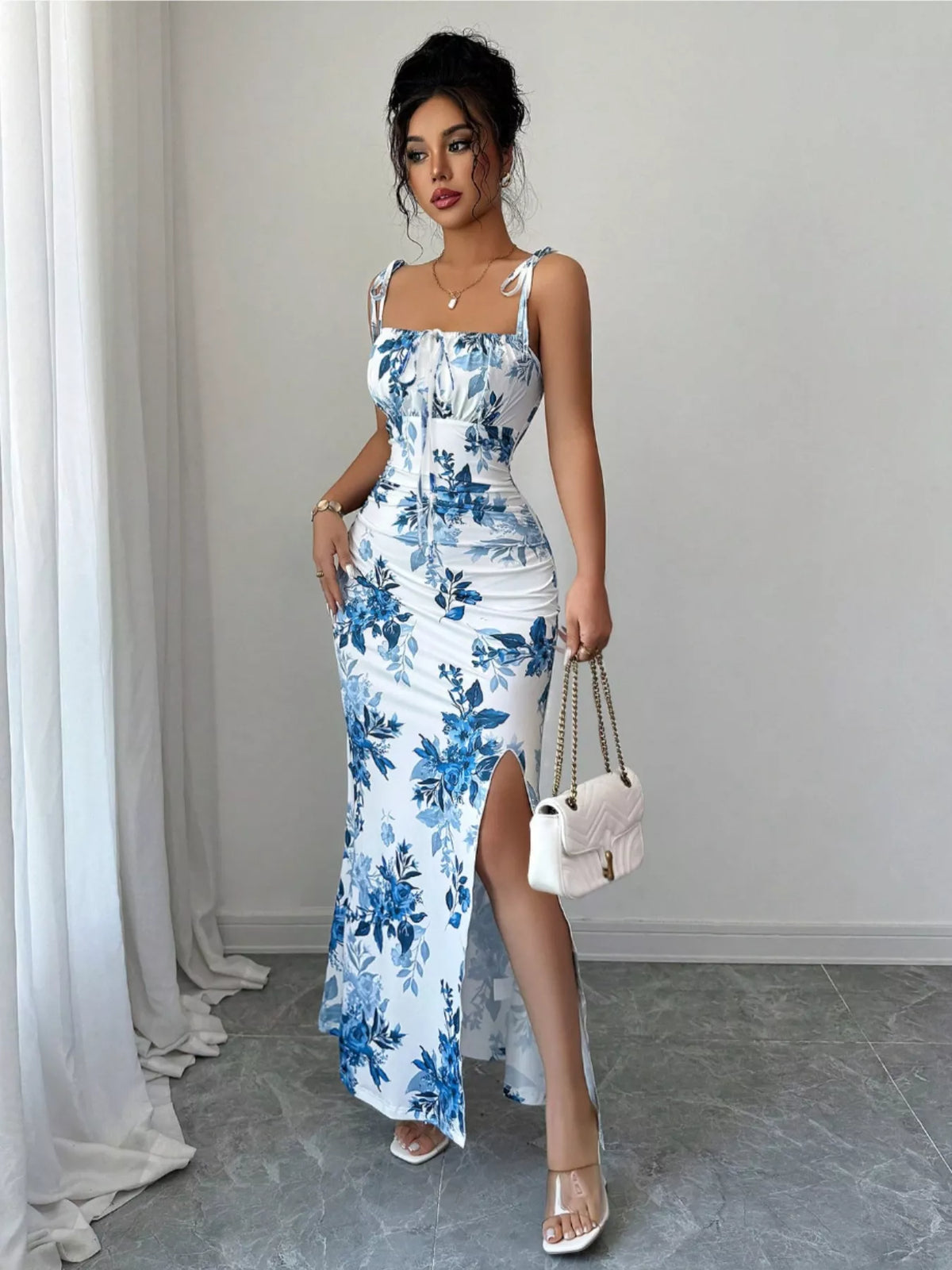 Printed Tie Strap Maxi Dress with Slit