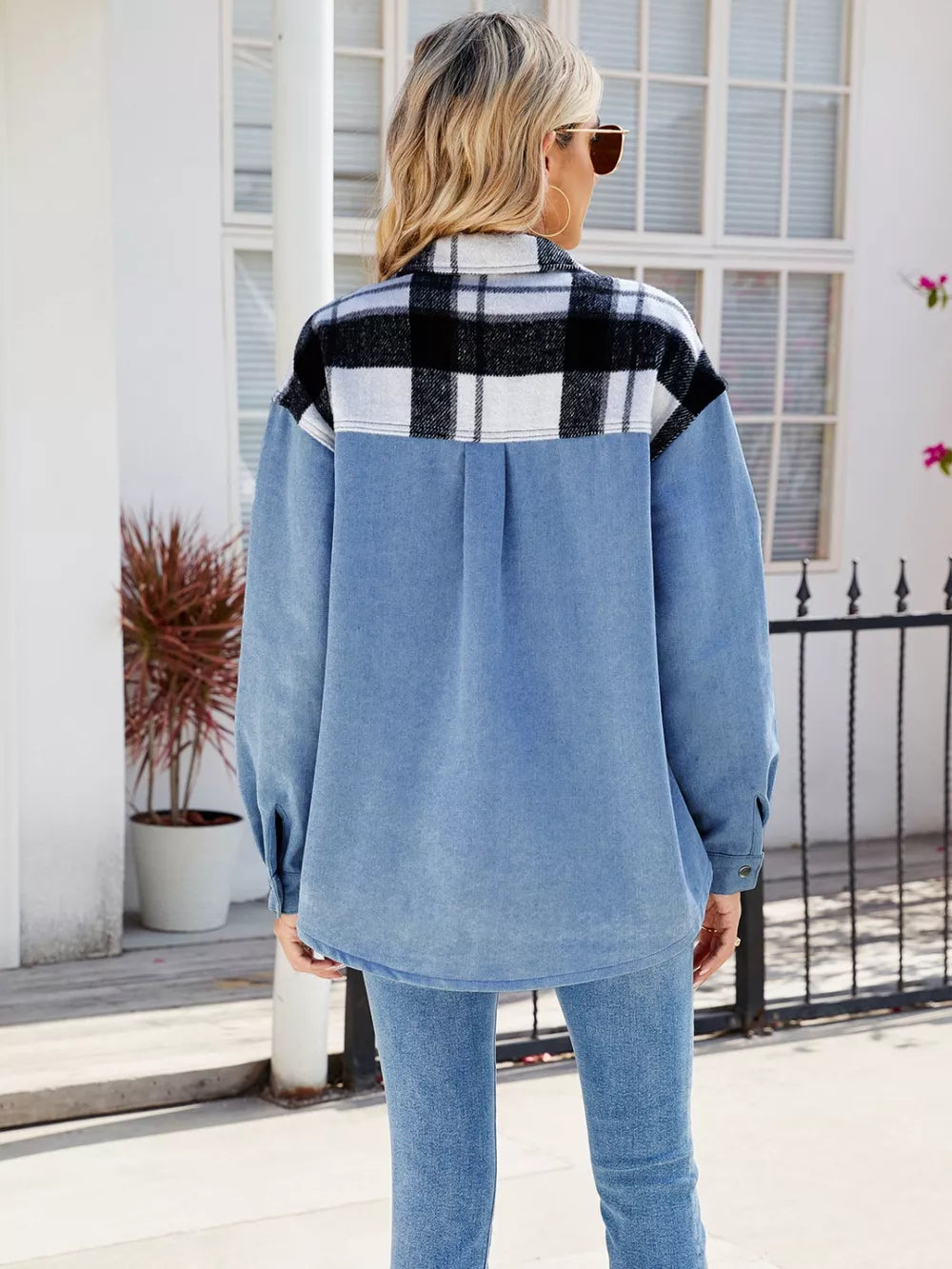 Plaid Snap-Down Denim Jacket in Dusty Blue by Manny