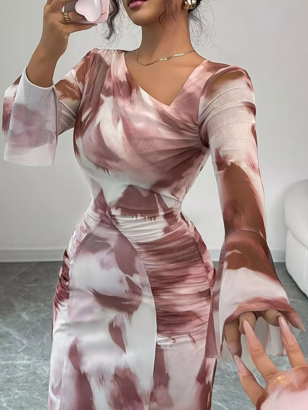 Asymmetrical Neck Long Sleeve Maxi Dress in Red