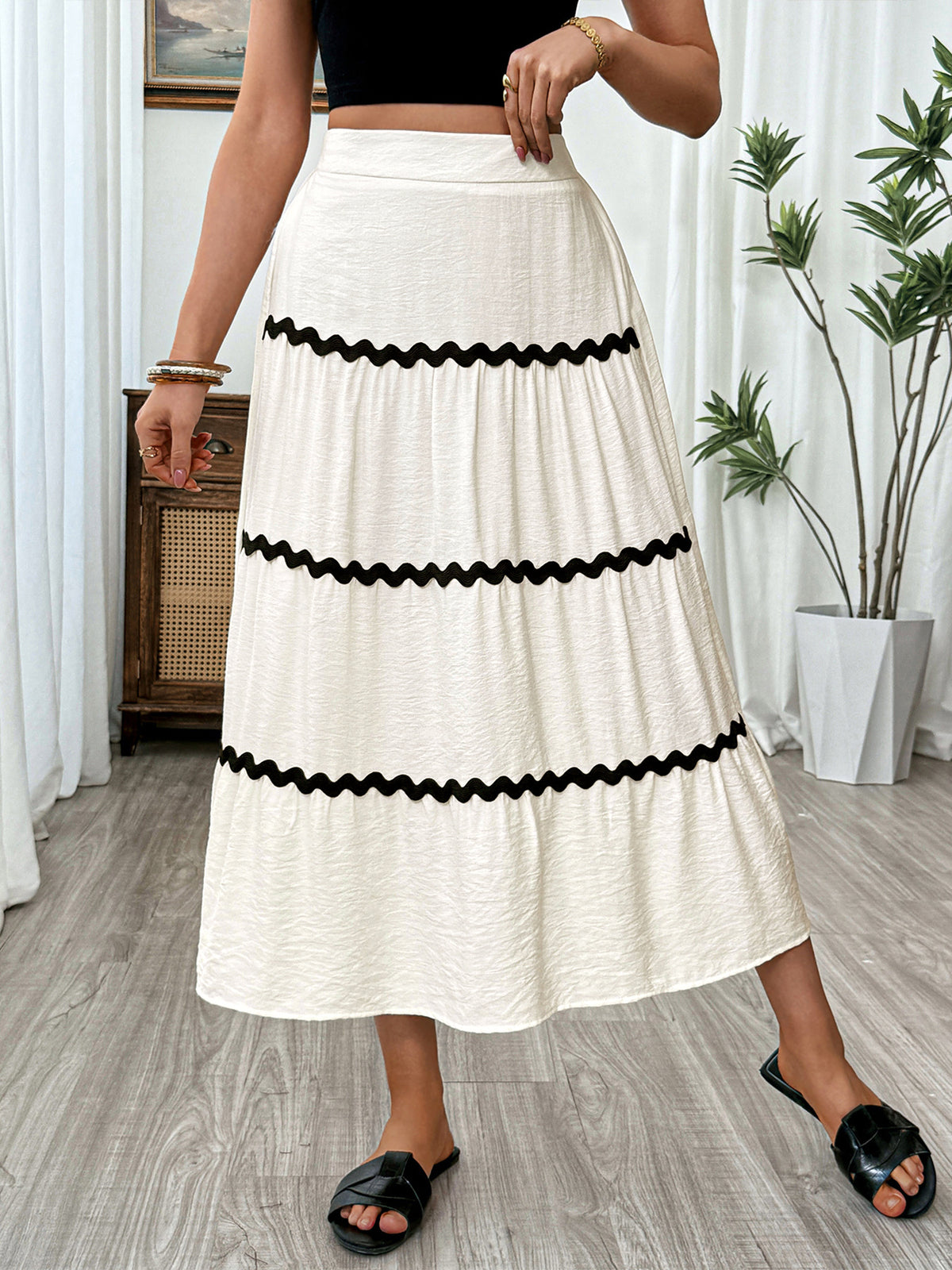 Tiered Flowy Midi Skirt in Beige