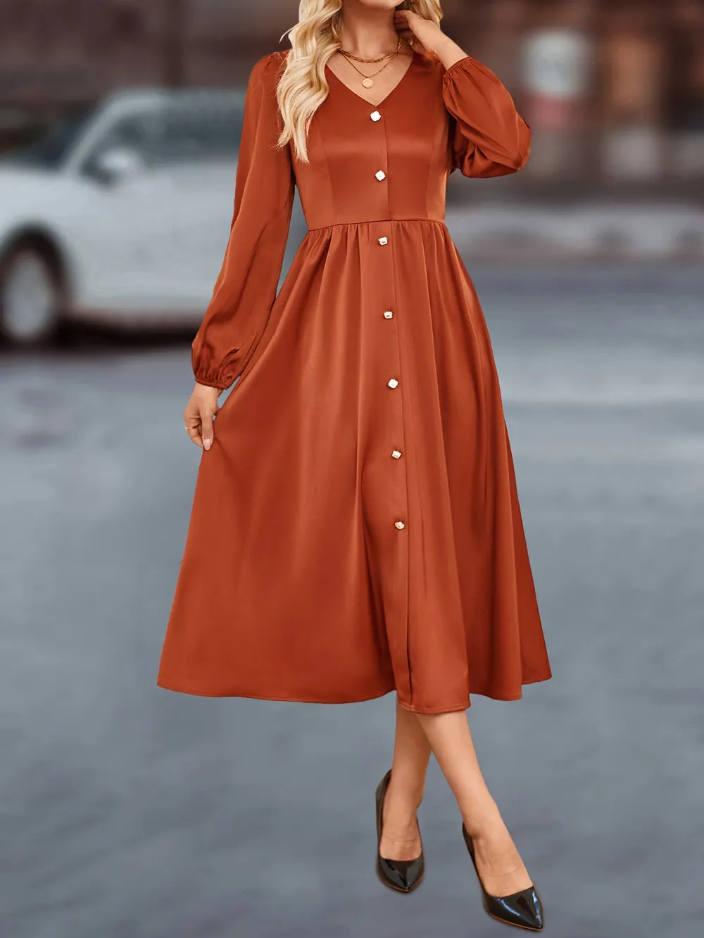 V-Neck Balloon Sleeve Midi Dress in Terracotta
