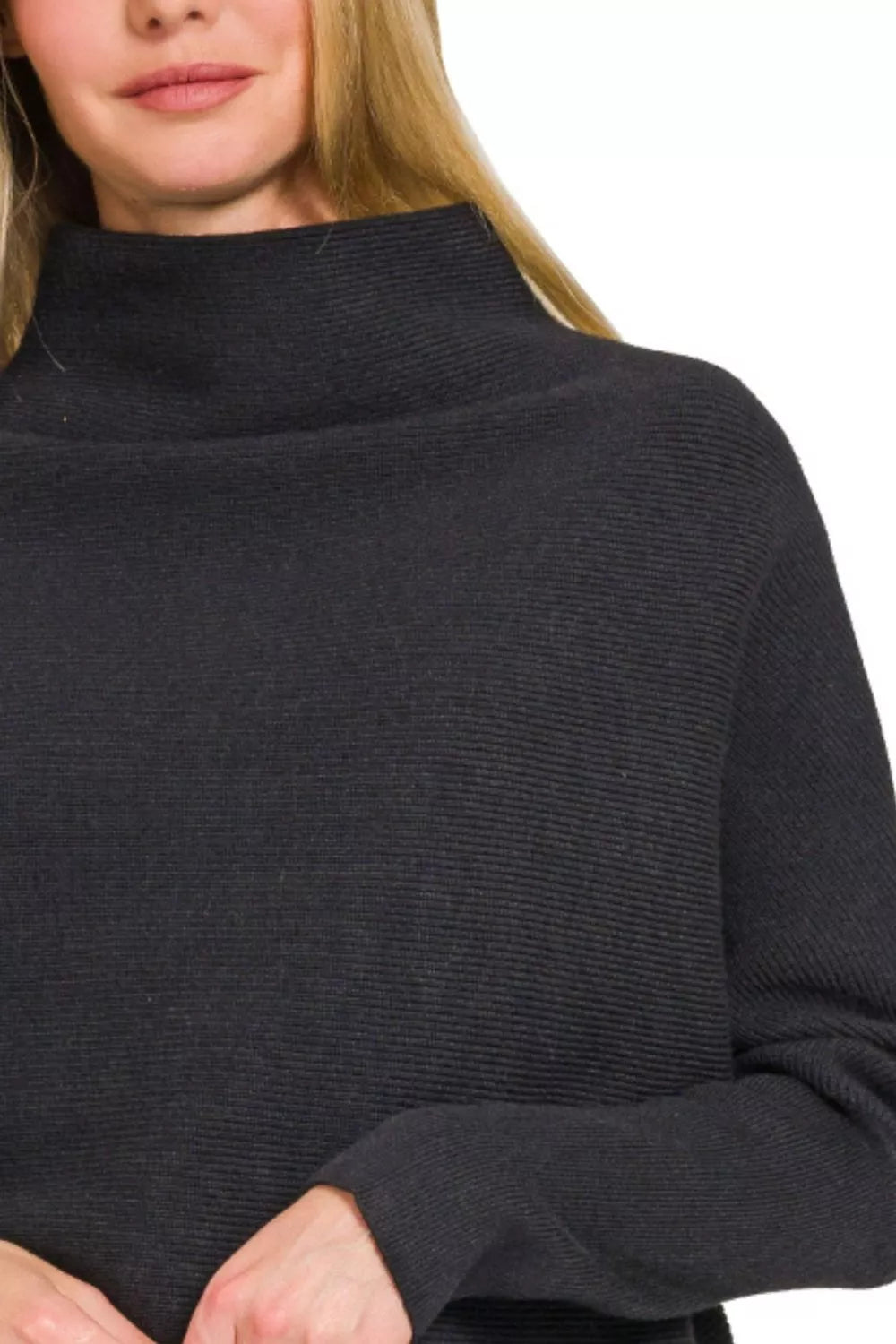 Zenana Dolman Sleeve Mock Neck Sweater in Black