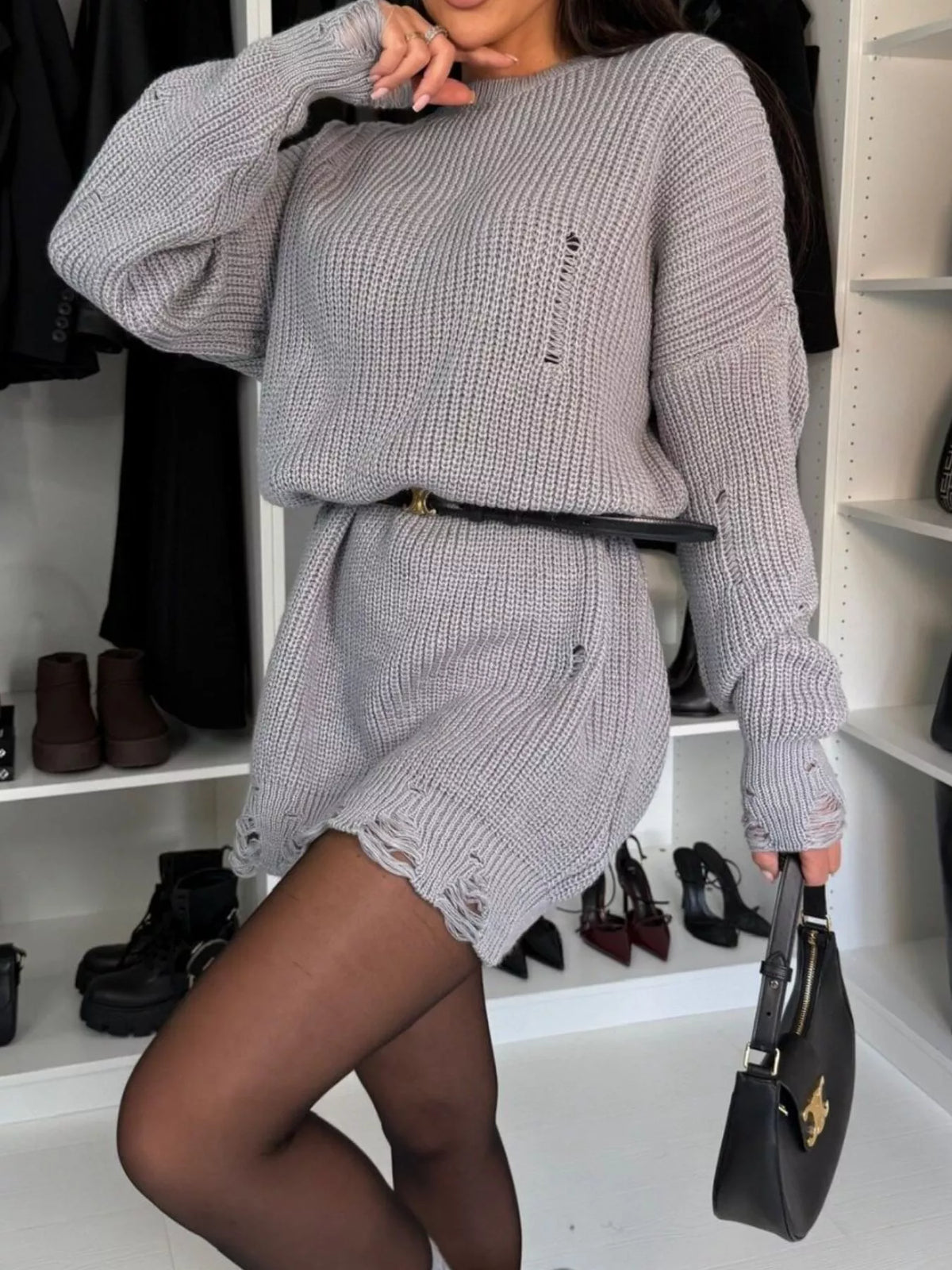 Distressed Round Neck Sweater Dress