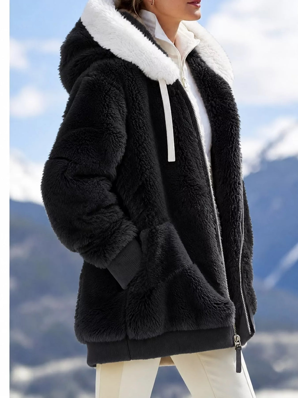 Faux Fur Hooded Zip-Up Jacket in White