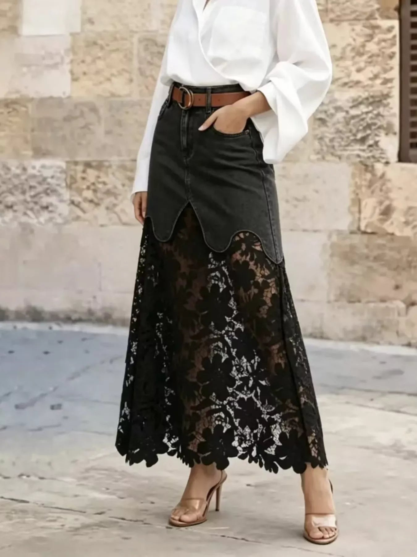 Lace-Trimmed Slit Skirt