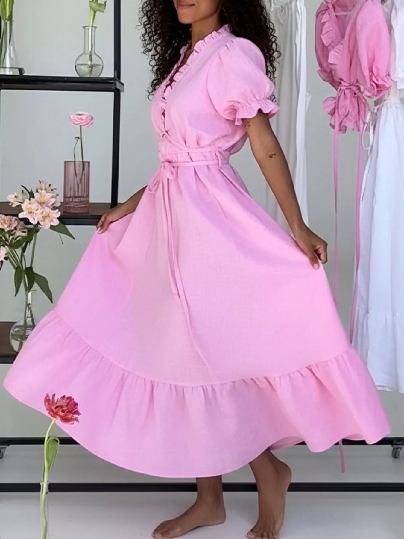 Ruffle Trim Puff Sleeve Maxi Dress