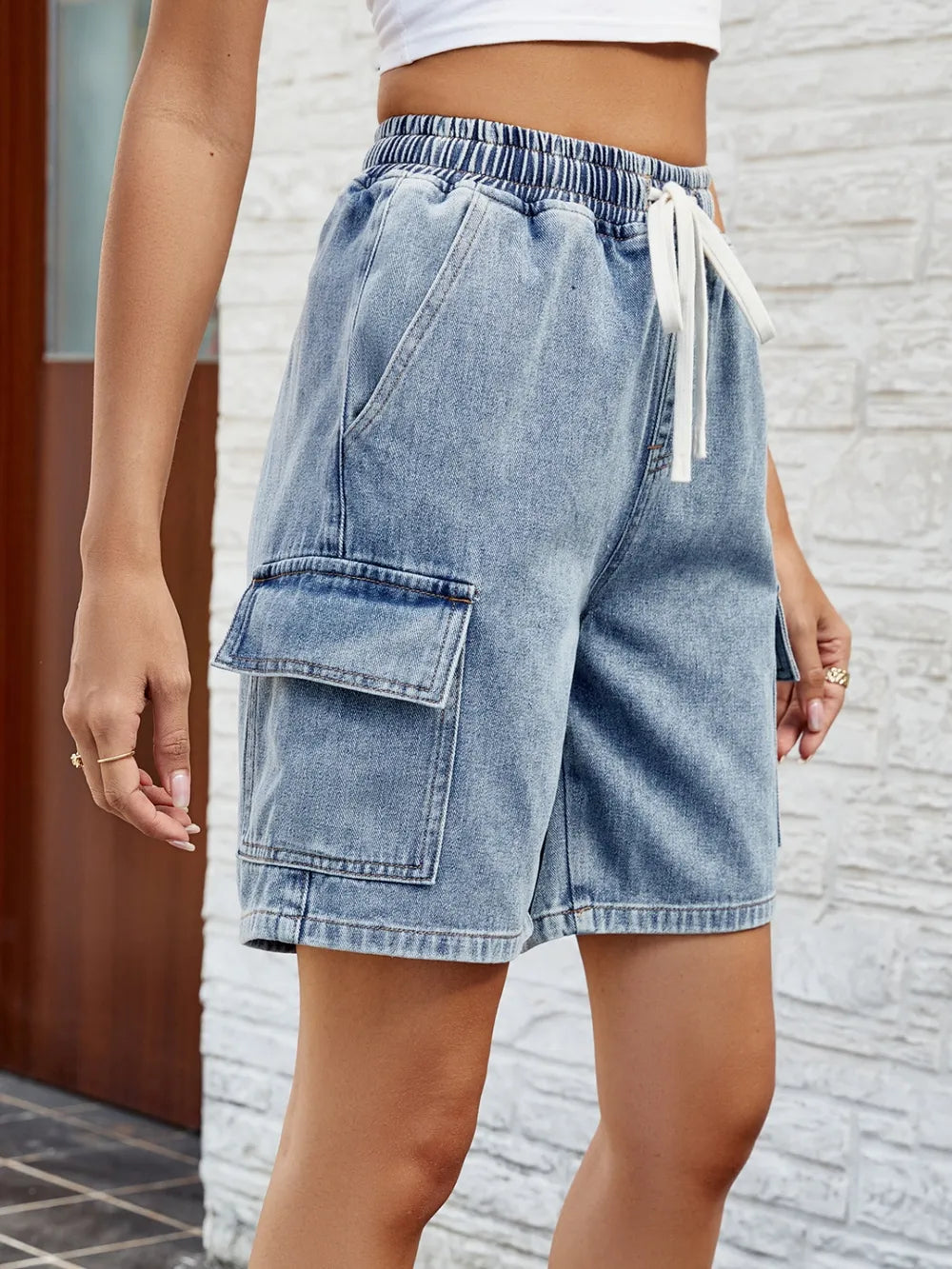 Drawstring Denim Shorts in Dusty Blue by Manny