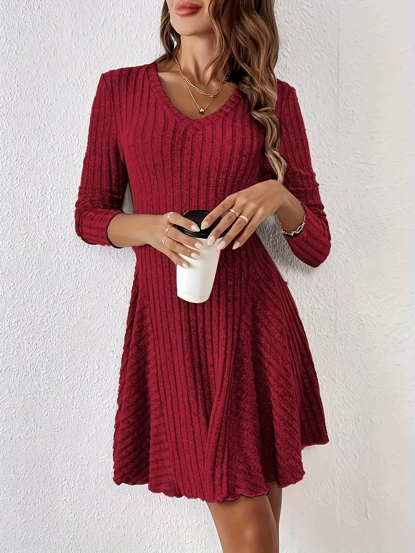 V-Neck Ribbed Knit Flared Dress
