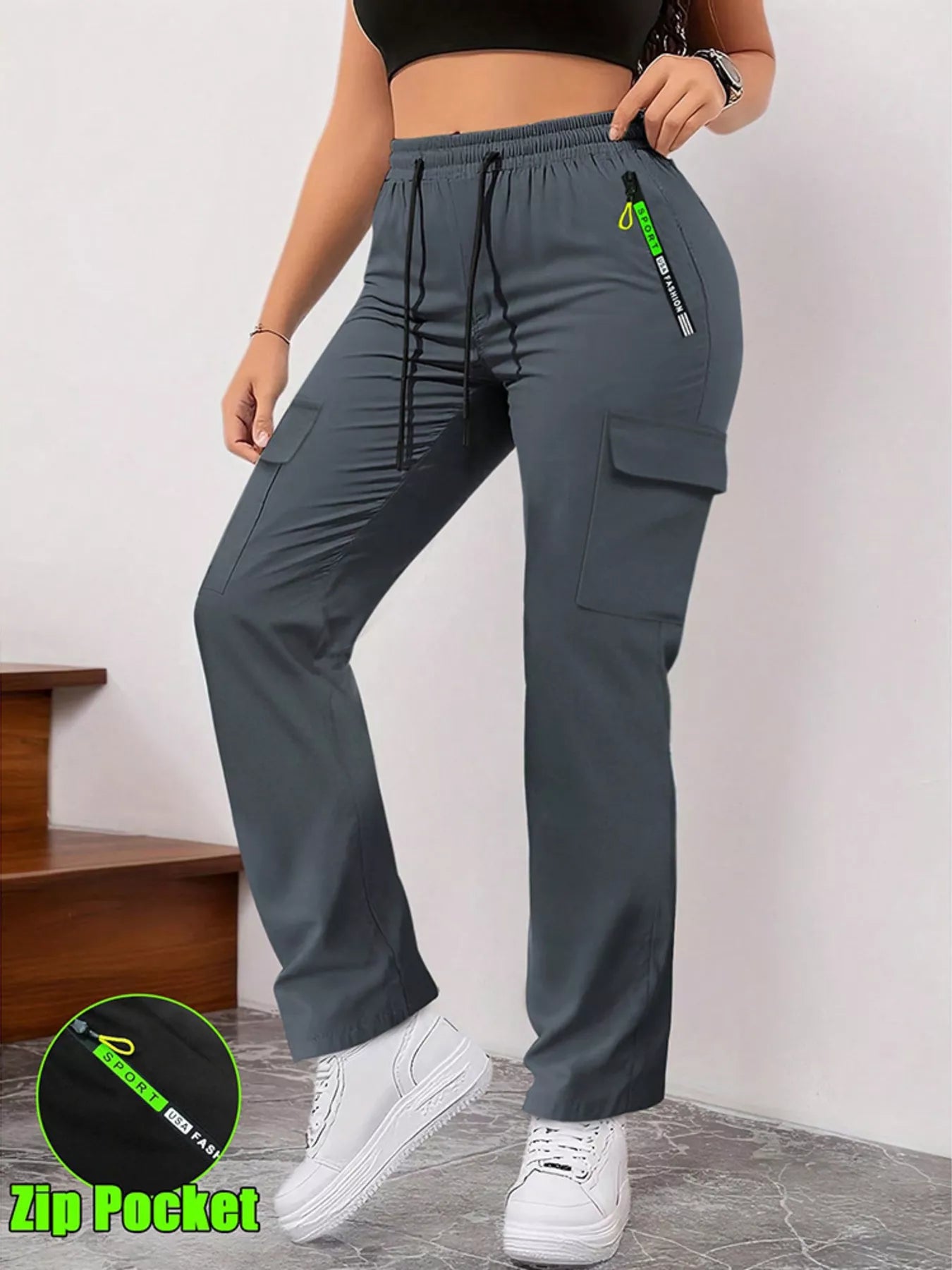 Drawstring Cargo Pants with Zip Pocket