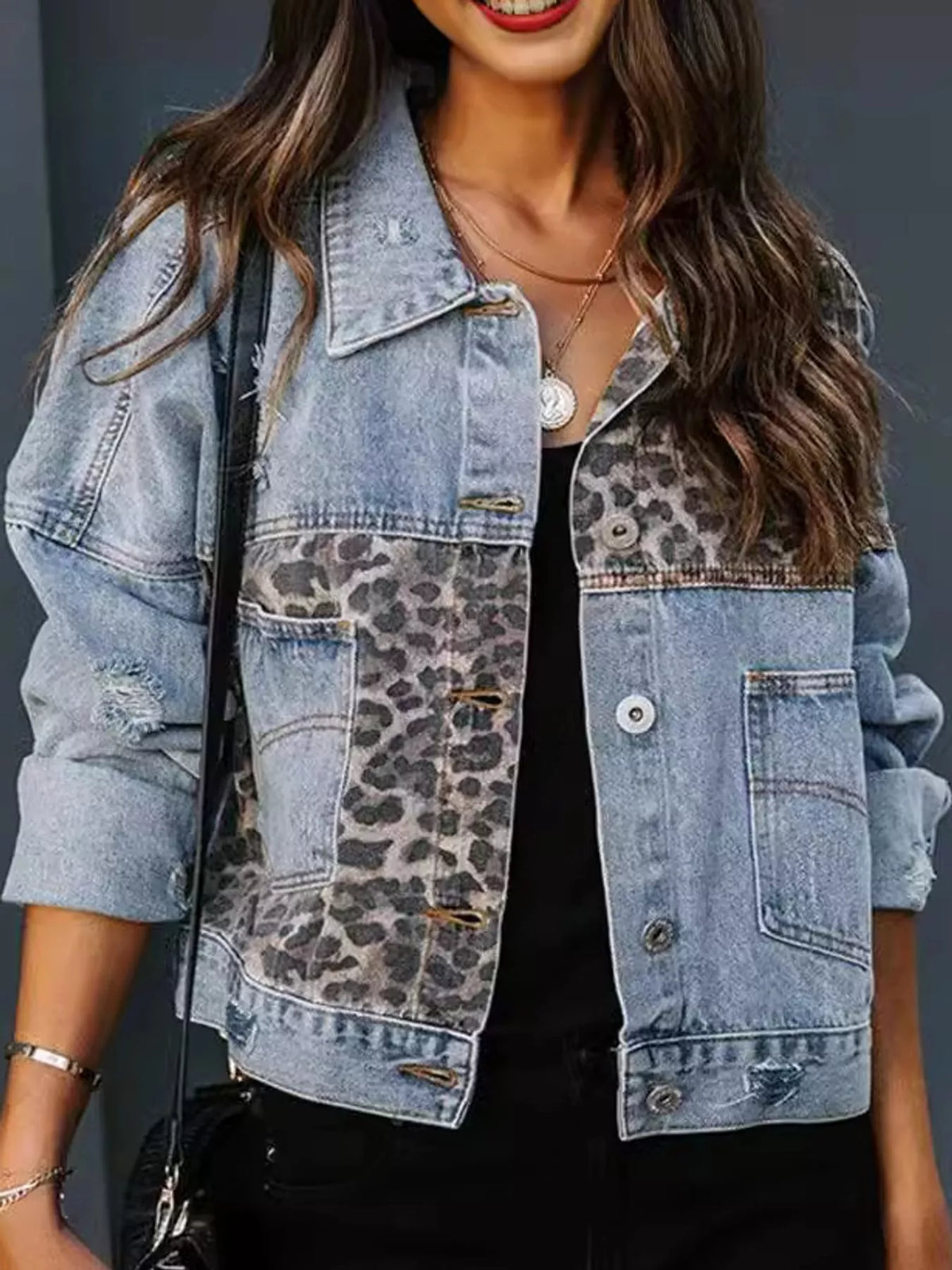 Distressed Leopard Dropped-Shoulder Denim Jacket