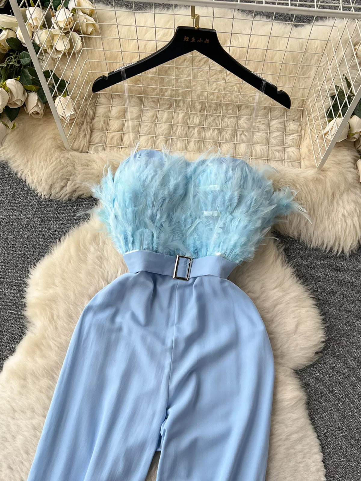 Feather-Trim Strapless Wide Leg Jumpsuit