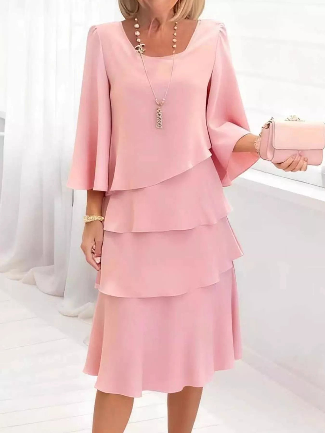 Ruffled Layered 3/4-Sleeve Dress, Plus Size