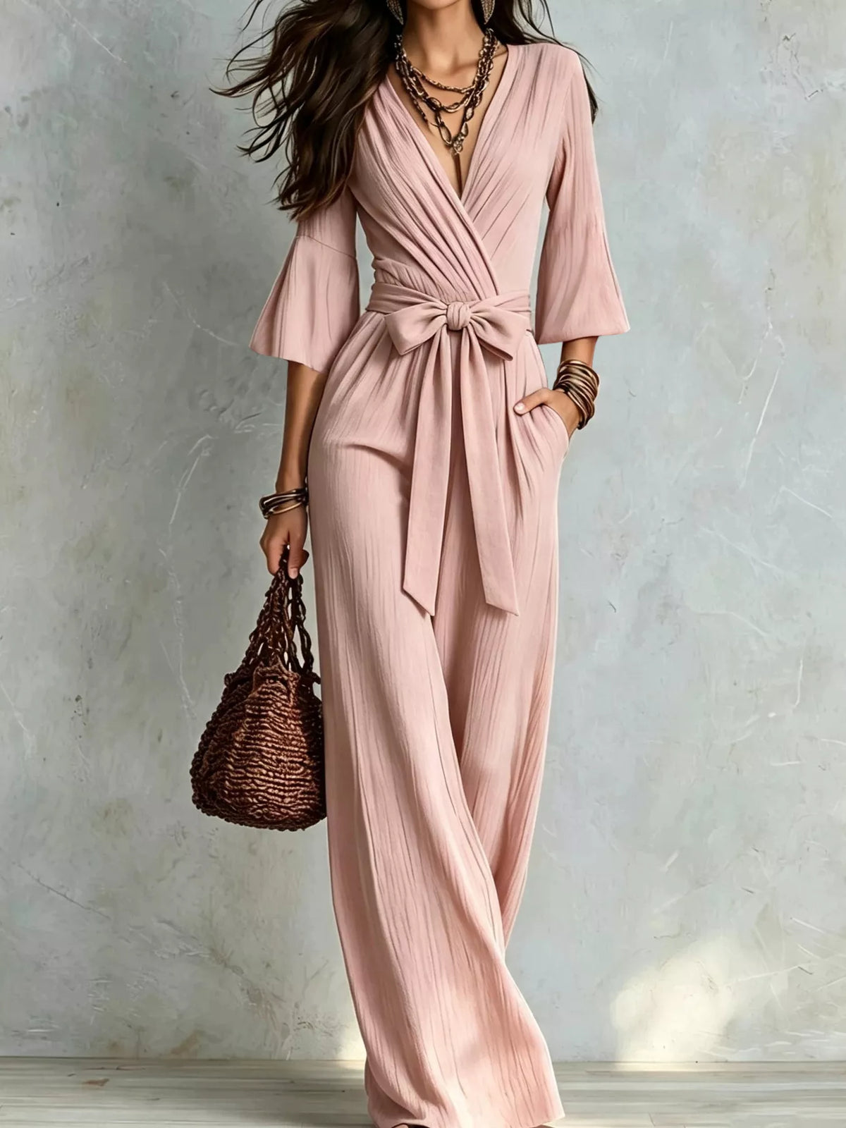 Pleated Wide-Leg Jumpsuit with Tie Waist