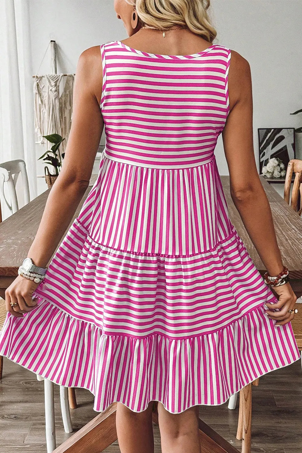 Striped U-Neck Tiered Mini Dress in Hot Pink