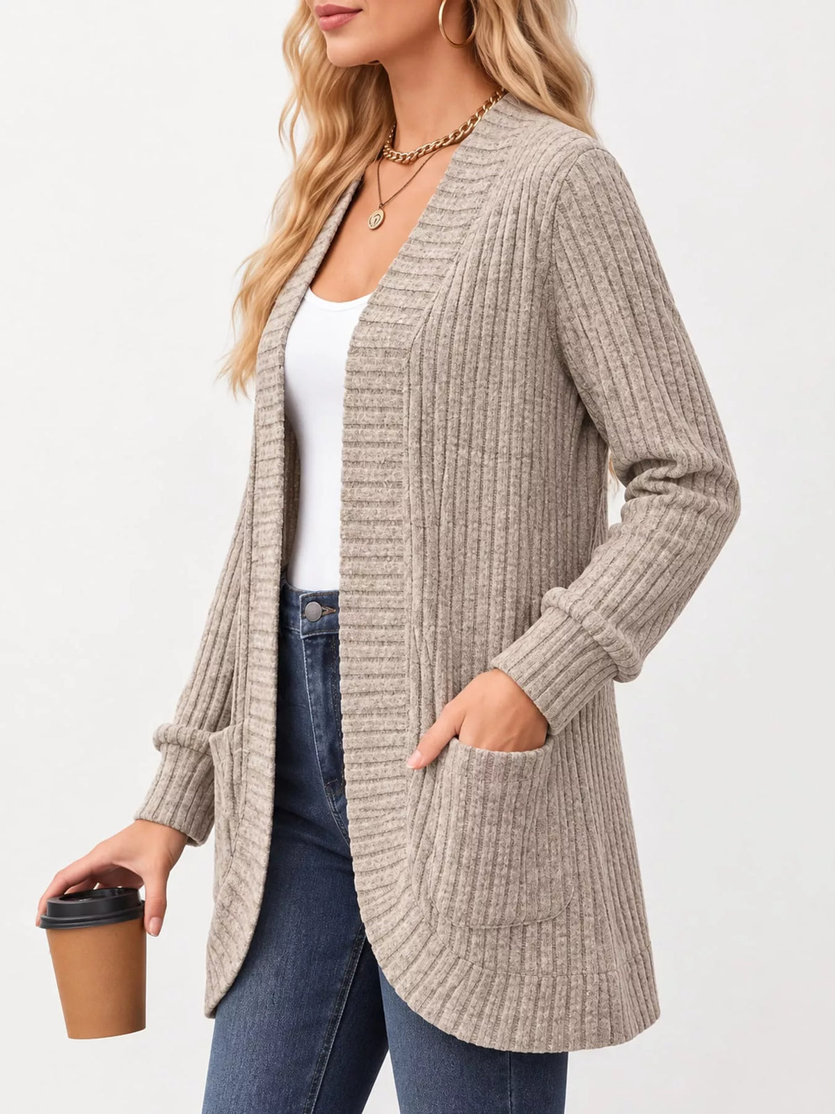 Ribbed Open-Front Longline Cardigan