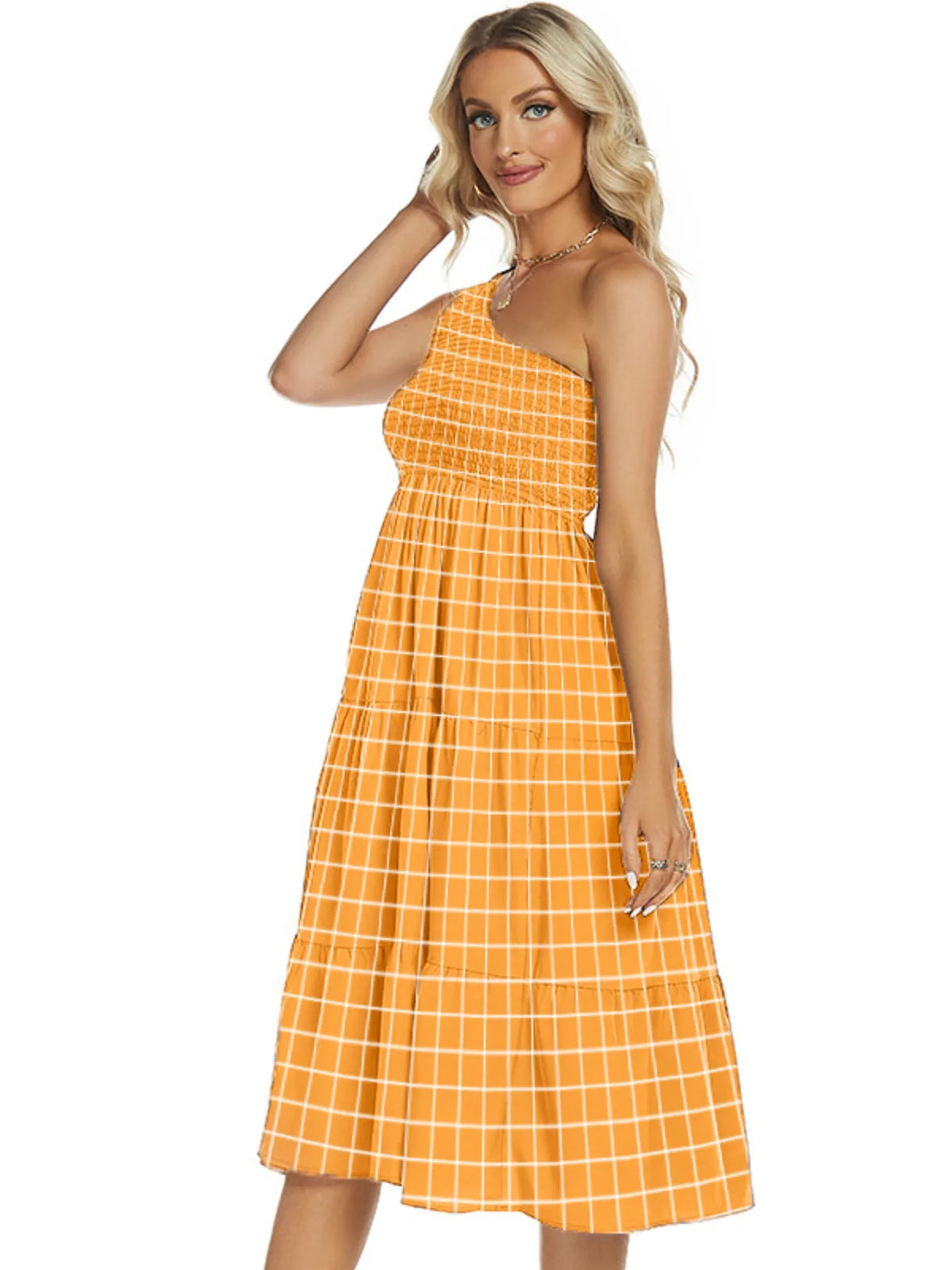 One-Shoulder Smocked Tiered Midi Dress by ArtisticExpression