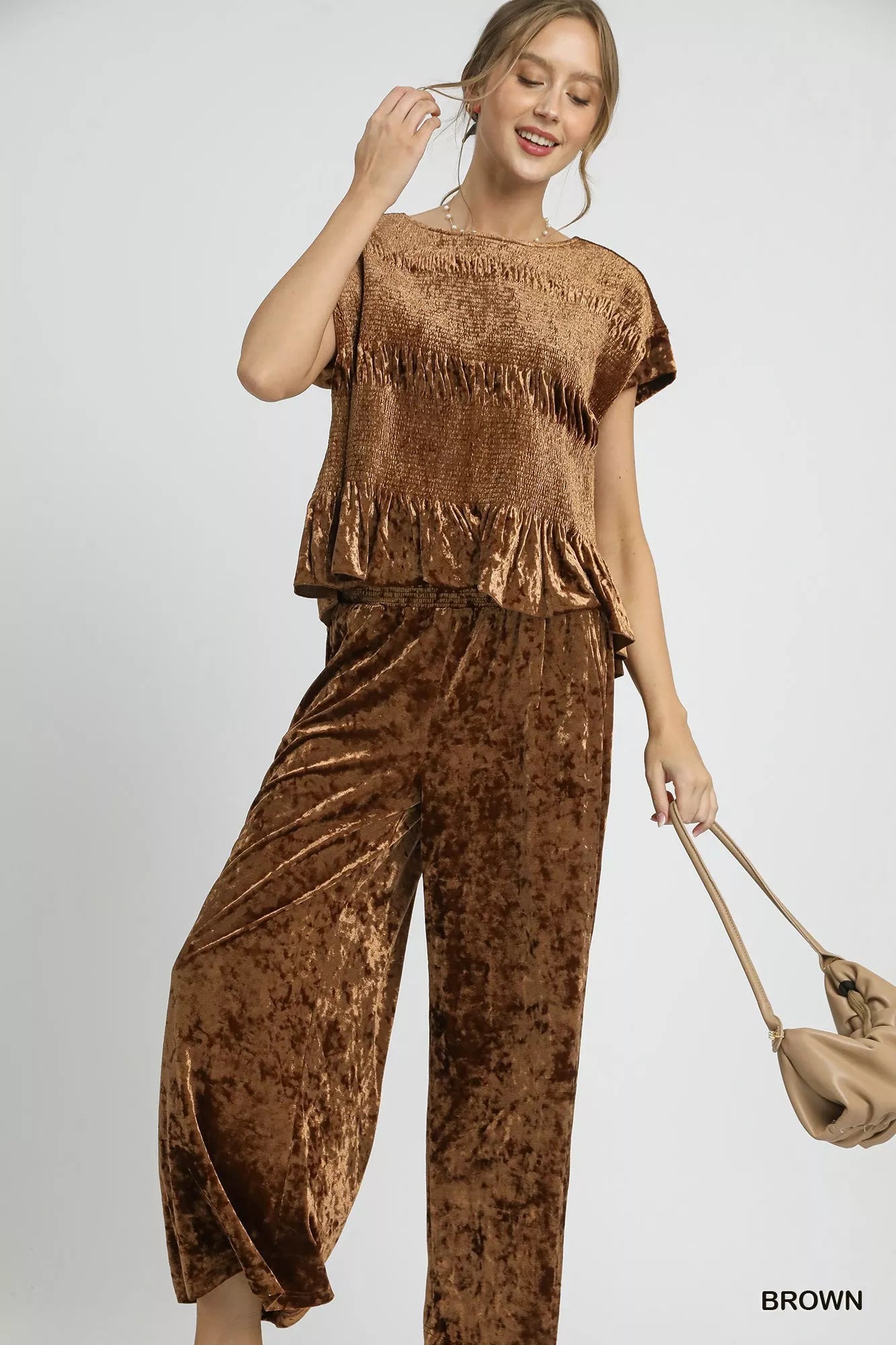 Umgee Velvet Wide-Leg Pants in Brown