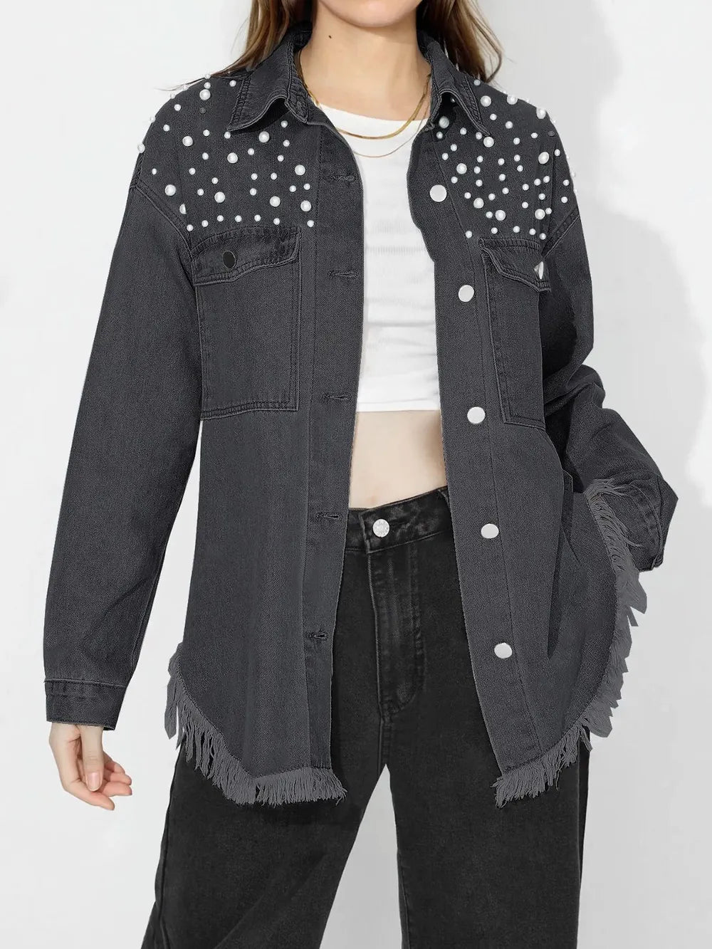 Pearl Trim Collared Denim Top