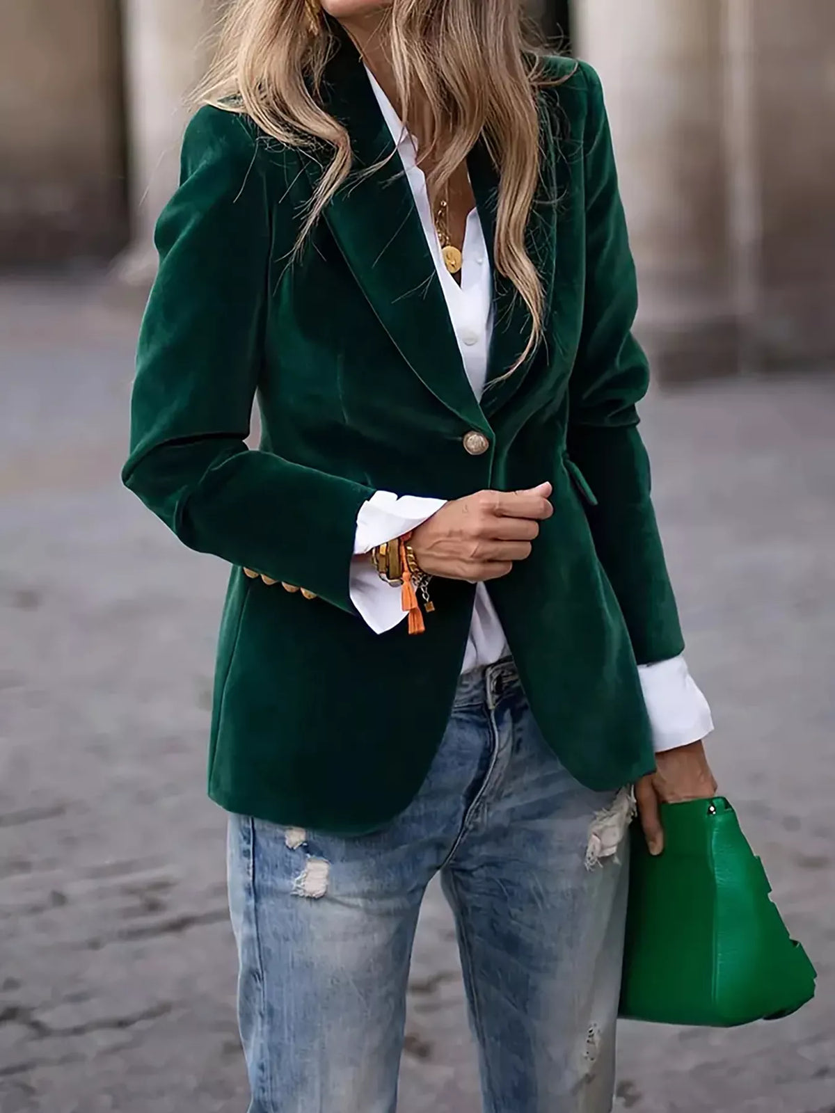 Velvet Single-Button Blazer in Dark Green