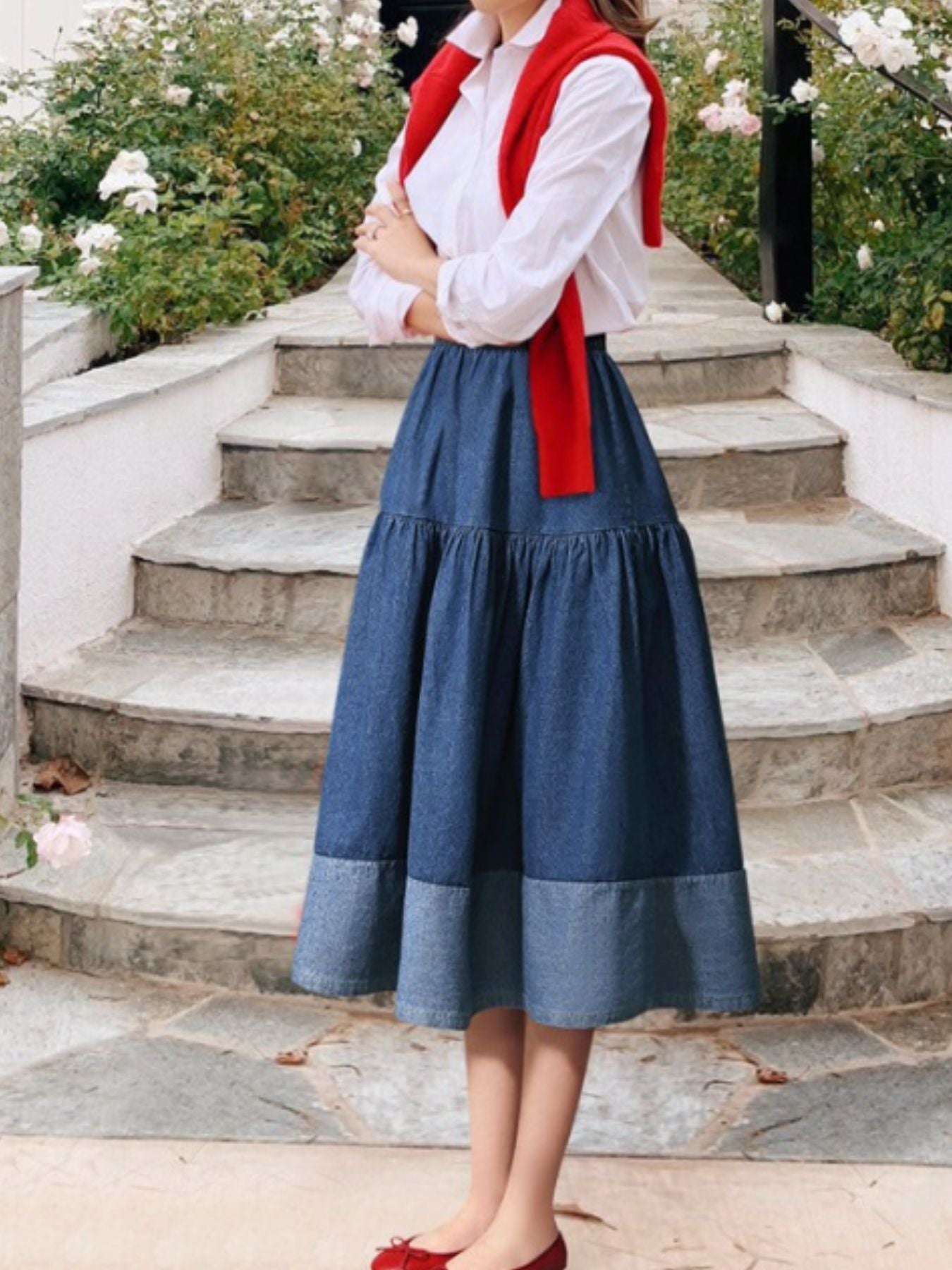Tiered Denim-Style Midi Skirt