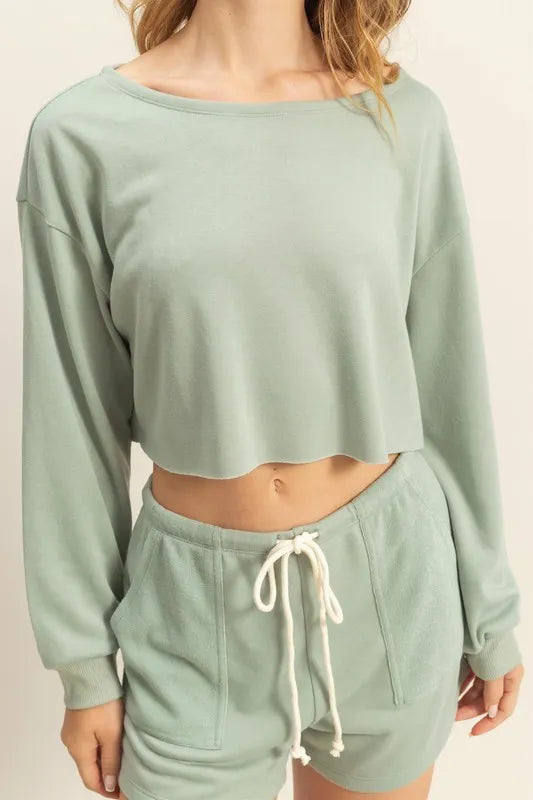Hyfve Boat Neck Long Sleeve Cropped Top in Sage Green