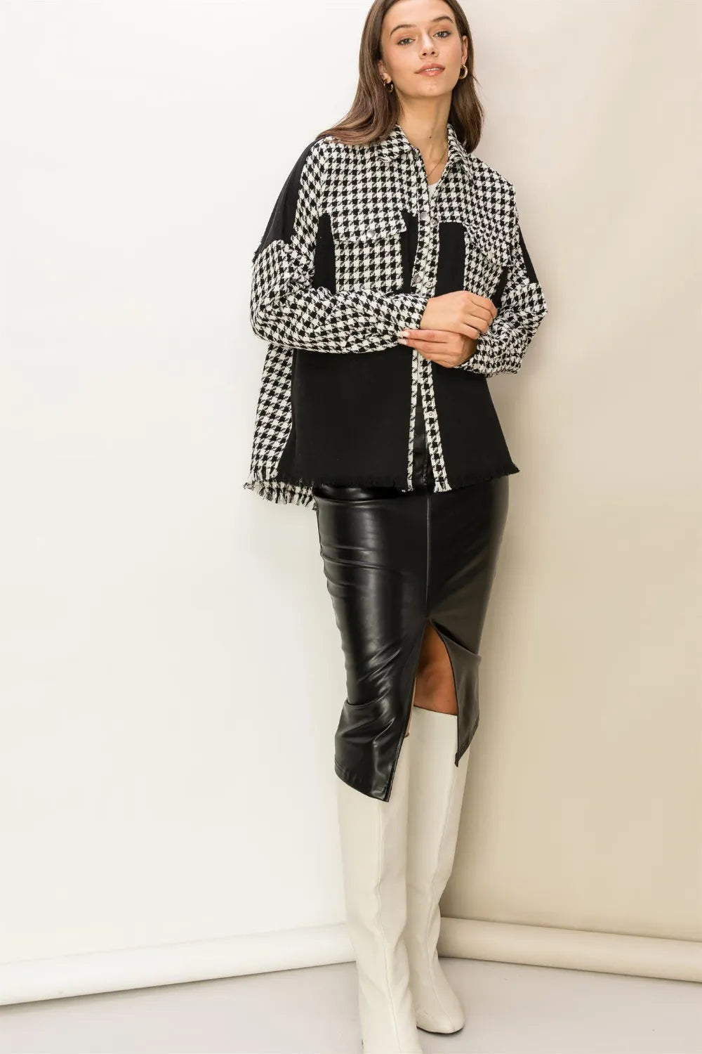 Hyfve Houndstooth Contrast Raw Hem Jacket in Black