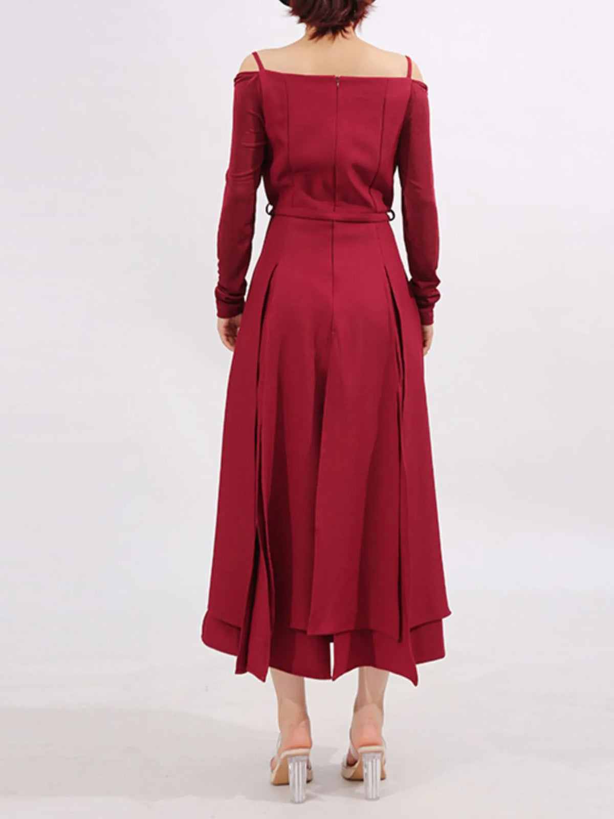 Belted Ruched Slit Long Sleeve Dress
