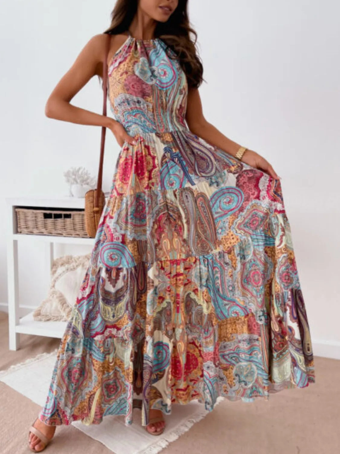 Halter Neck Tiered Maxi Dress in Red Flower