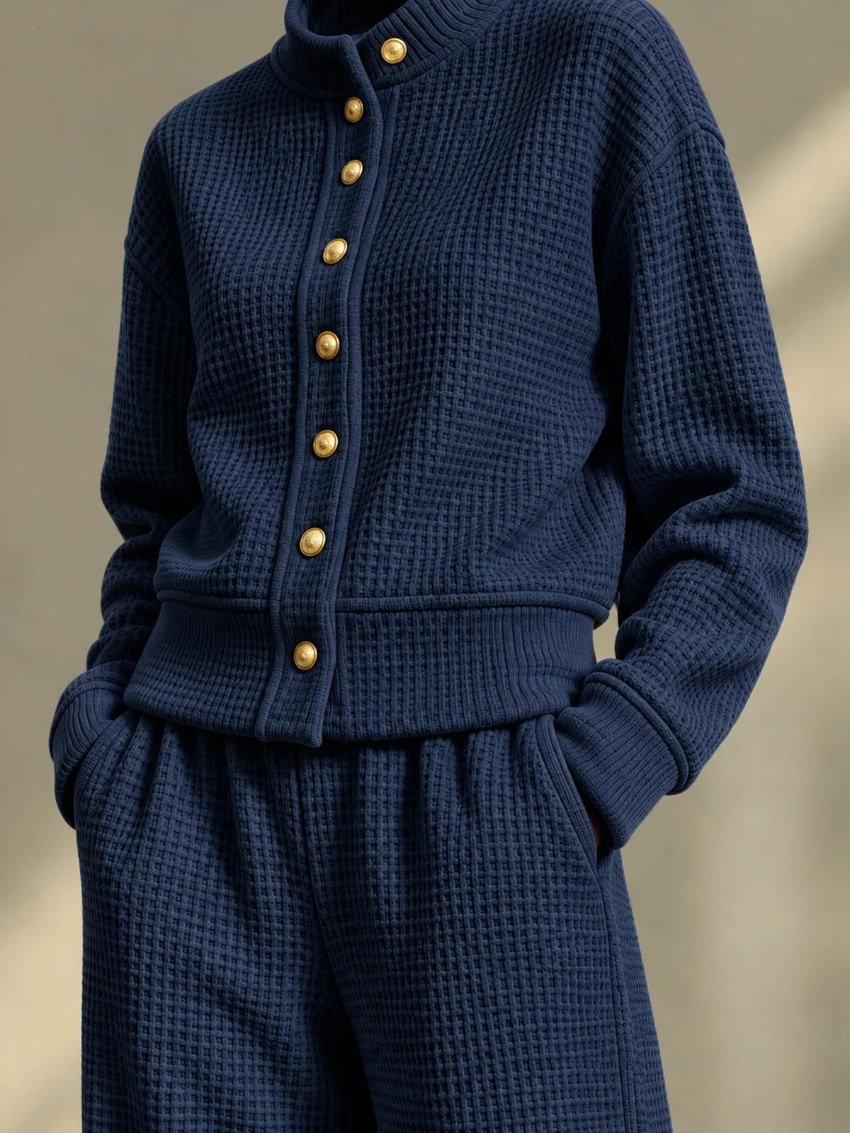 Waffle Knit Button-Up and Wide-Leg Pants Set