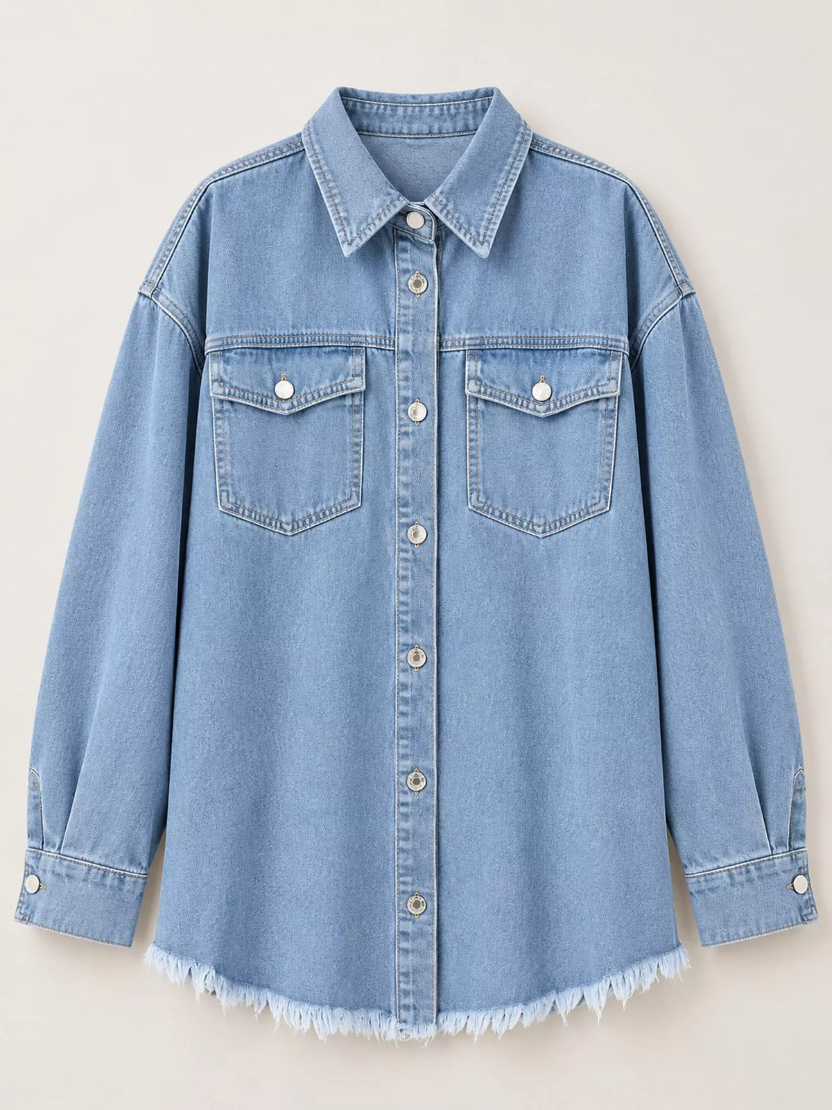Raw Hem Button-Up Denim Jacket in Light Blue