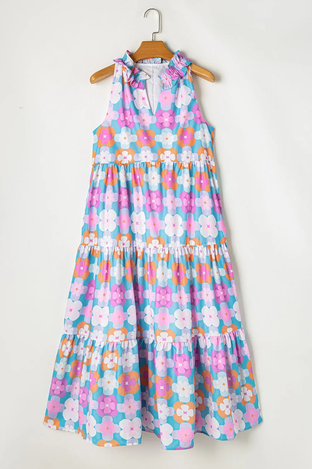 Tiered Floral Midi Dress in Pink Purple