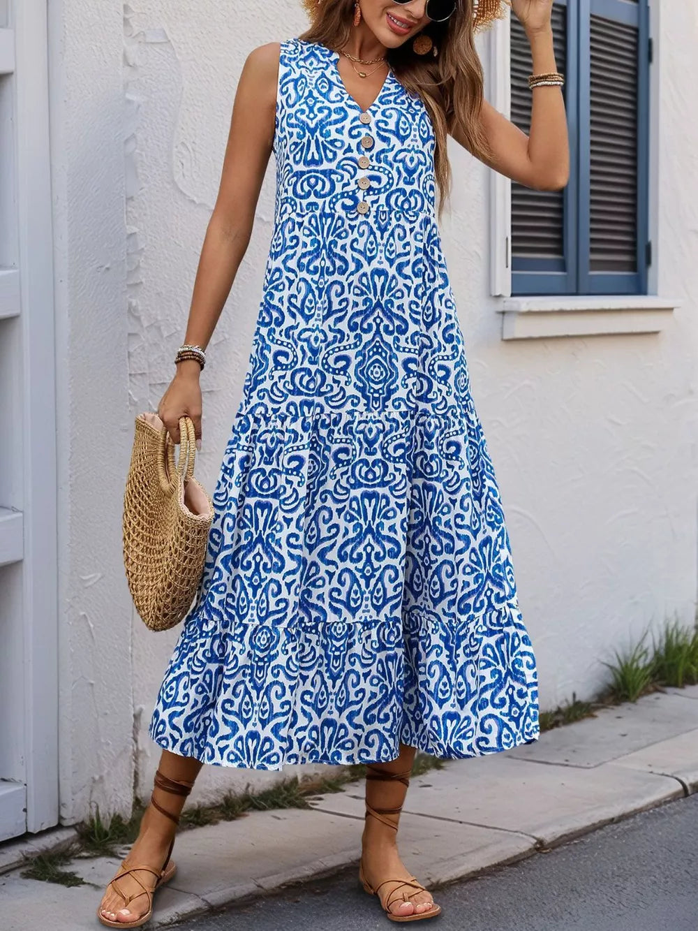Printed Notched Sleeveless Midi Dress in Blue